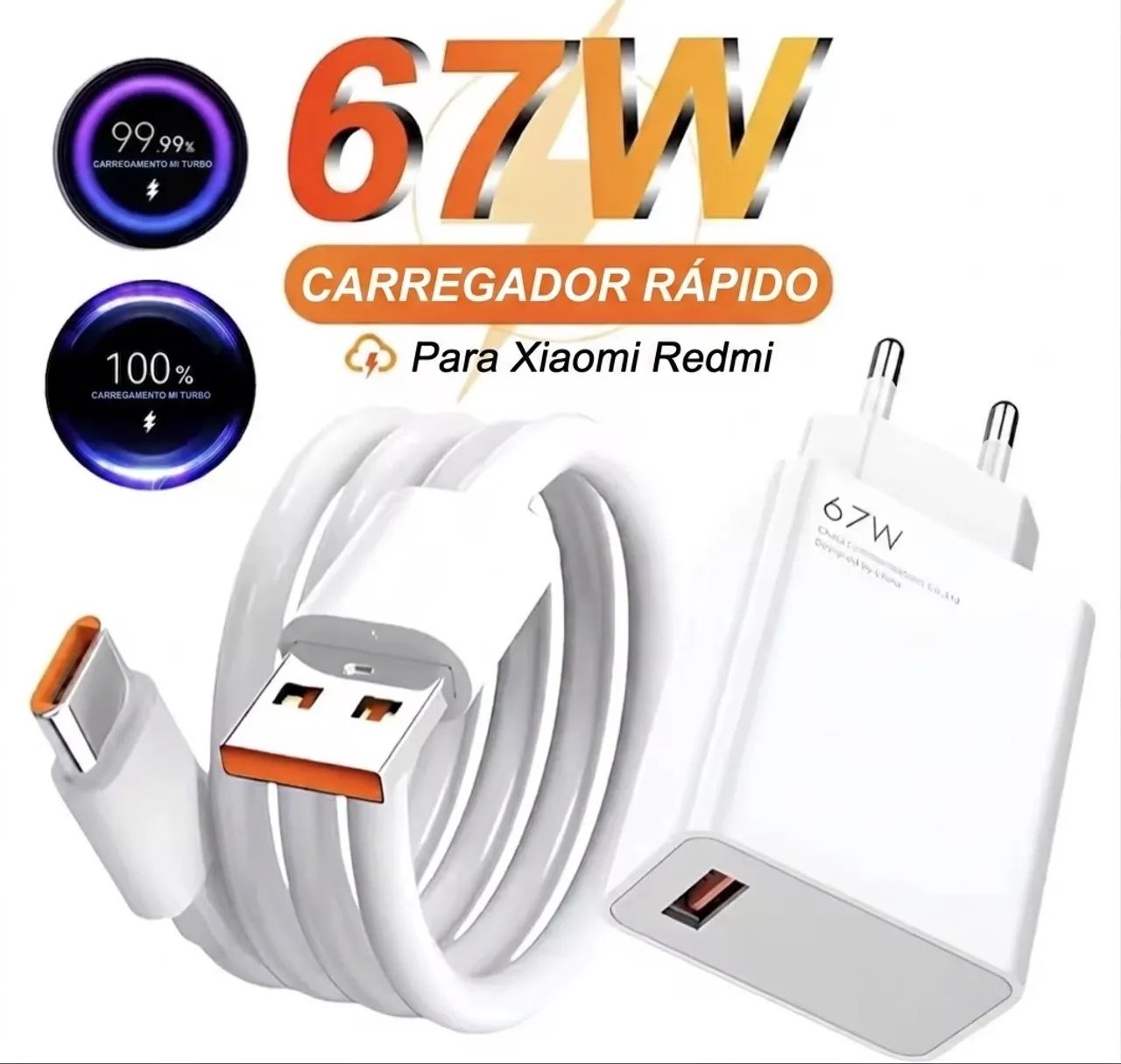 Carregador 67W Turbo + Cabo USB-C 1M | Xiaomi, Samsung, Motorola, Redmi, POCO