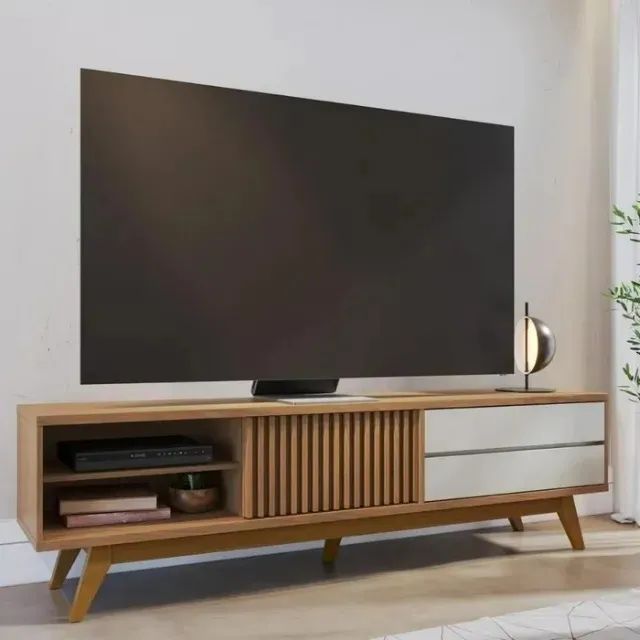 OFERTA - Rack Grande Para Tv Até 75 Polegadas Pés Retrô Em Madeira Maciça Ripado