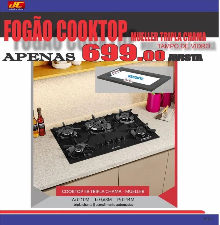 Cooktop 5 bocas Mueller Tripla Chama - Tampo de Vidro