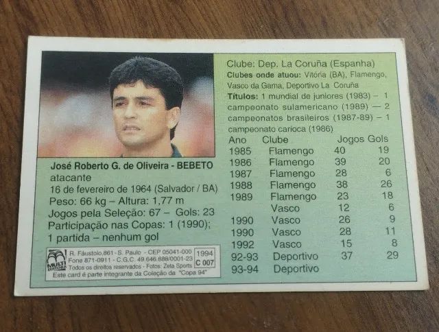Card Multieditora C007 Copa 1994 - Bebeto - Foto 2