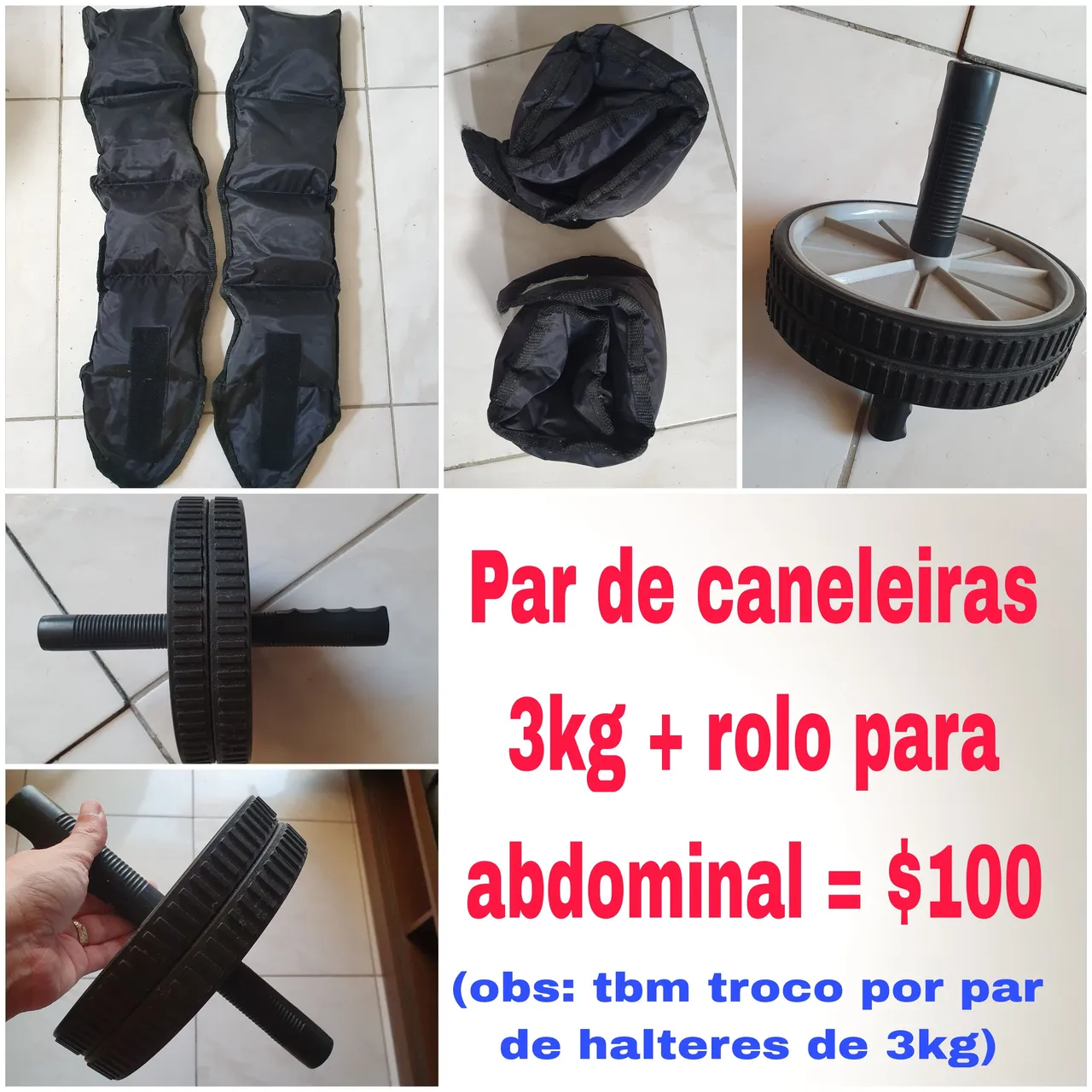 Kit par de caneleiras 3kg + rolo p/ abdominal semi-novos