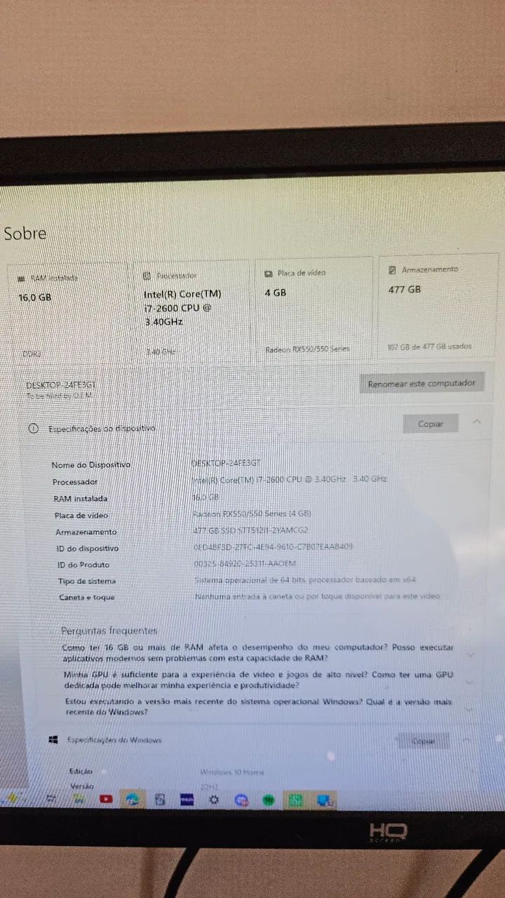 Pc para estudos e jogos leves, core i7-2600 Rx 550, 16gb ram ddr3, monitor 24', Windows 10 - Foto 2