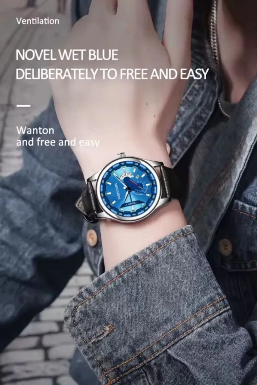 Relógio de Pulso Muito Bonito Elegante Casual Caixa Azul Com Pulseira de Couro Lindão - Foto 2