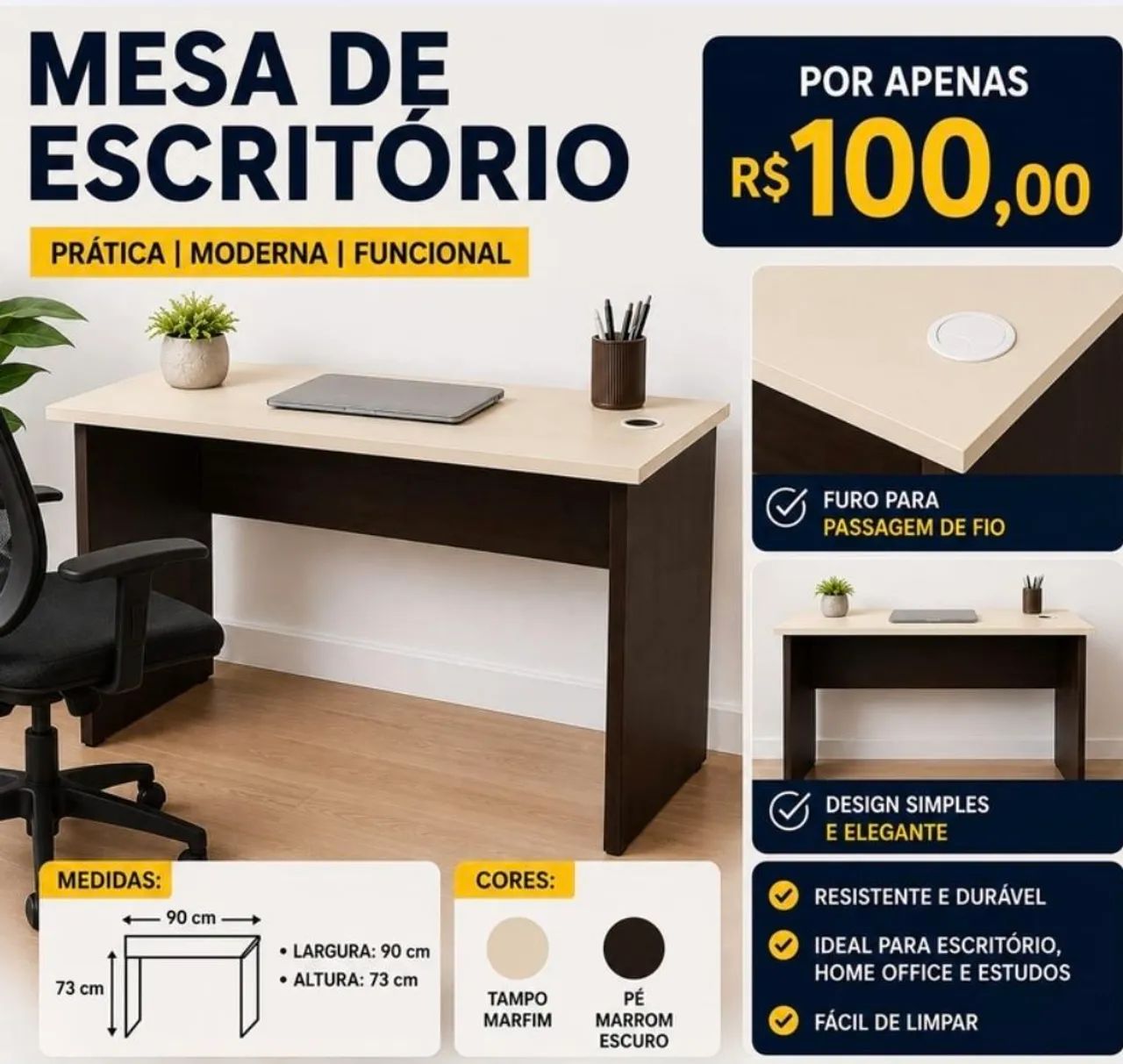Mesa de escritório funcional e compacta.