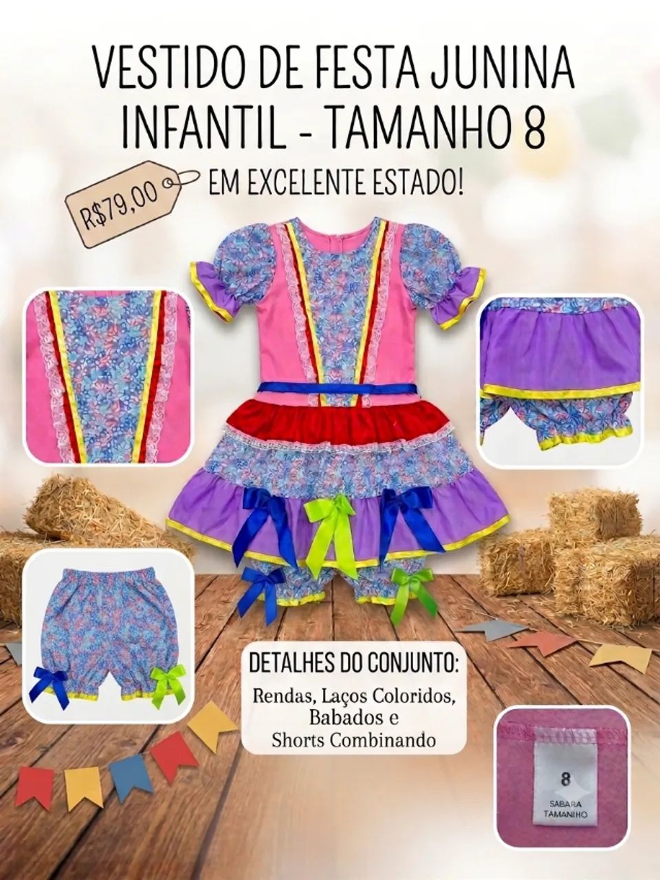 Vestido de Festa Junina Infantil - Tamanho 8 (Com Shorts Combinando)