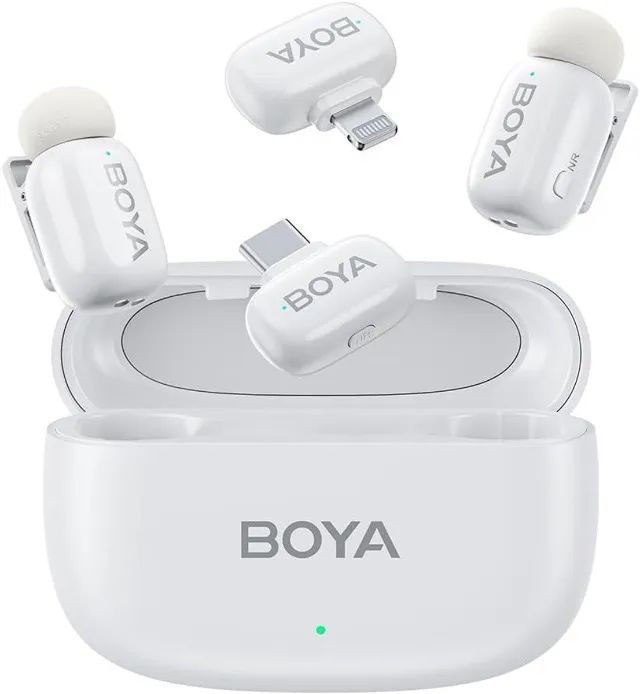 microfone lapela boya mini-13 sem fio branco android/ios, conector usb-c e lightning