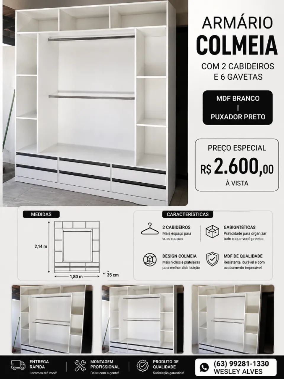 Armário Colmeia Closet 1,80m com 2 Cabideiros e 6 Gavetas MDF