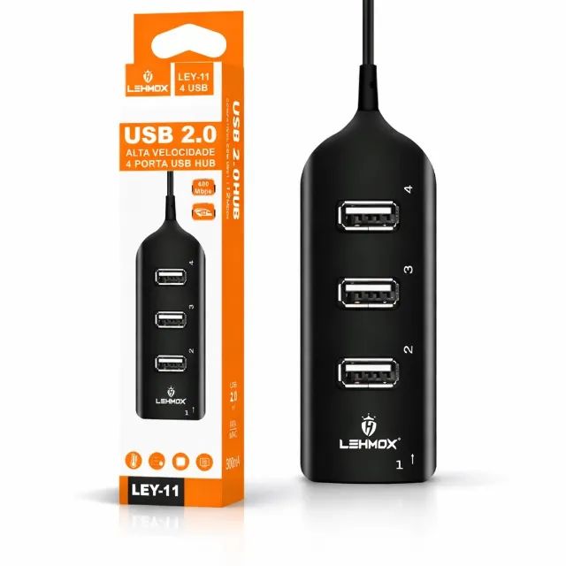 Hub USB 2.0 Lehmox LEY-11 4 Portas 480Mbps Plug and Play para PC e Notebook pode retirar 