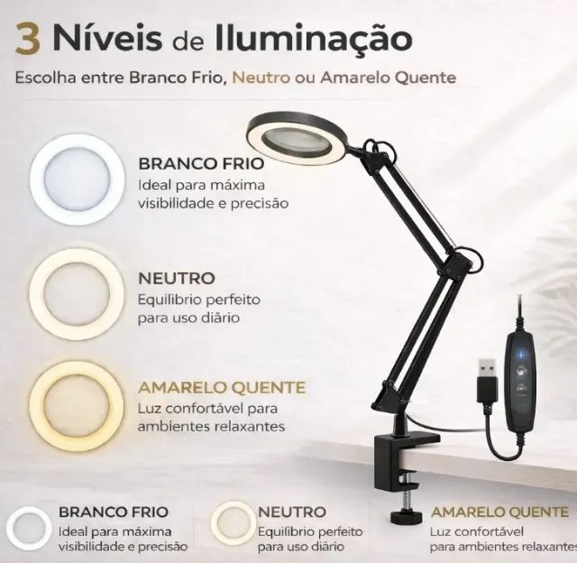 Luminaria Estética Lupa 8x Ringlight Led Articulada Preto - Foto 3