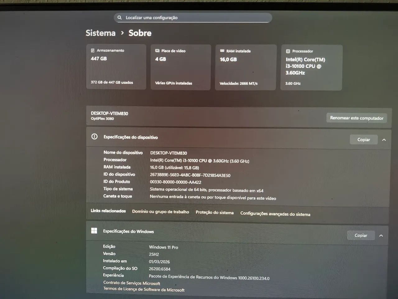 CPU DELL OPTIPLEX 3080 i3 10100 16gb DE RAM