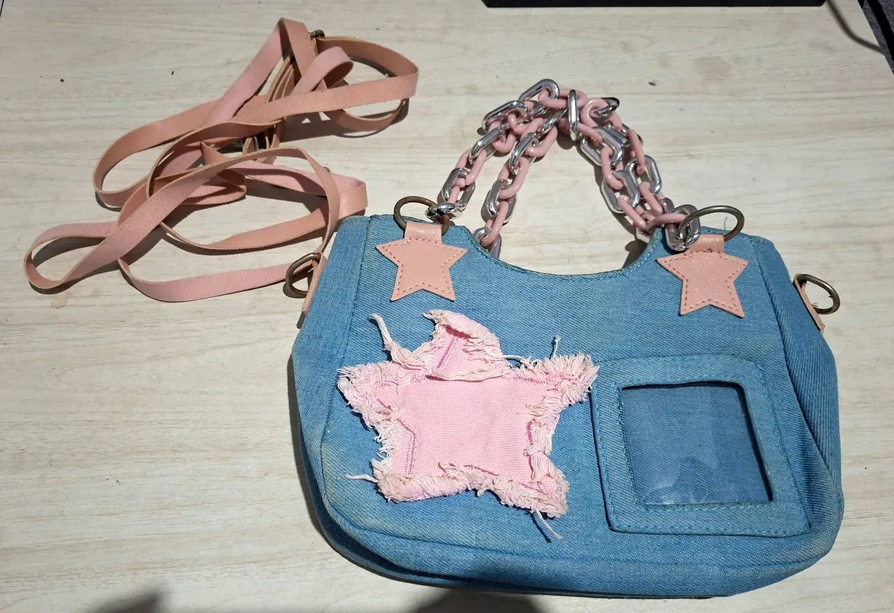 Bolsa Jeans Vintage Azul e Rosa - Foto 2