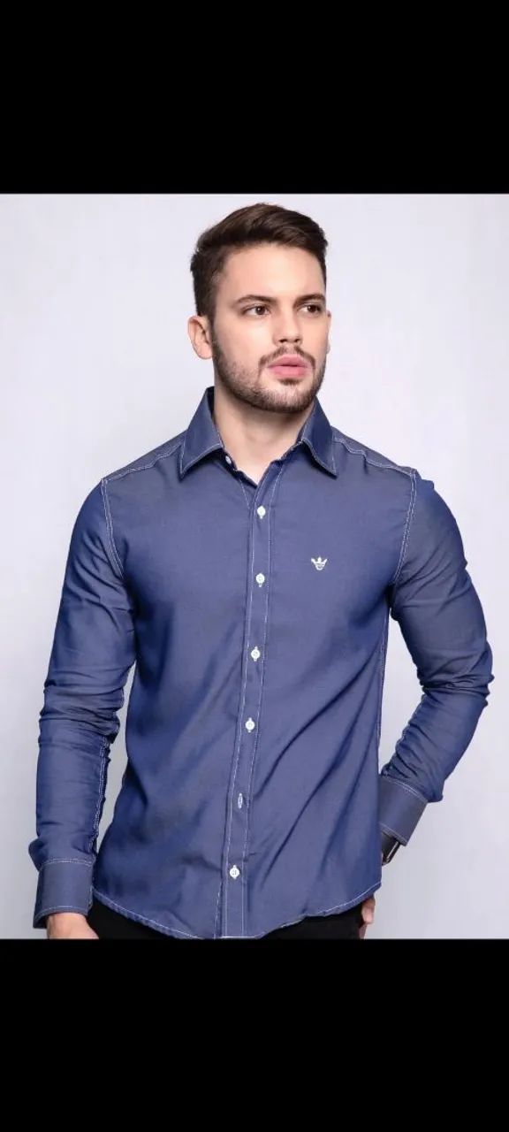 Camisa Social Azul Jeans com Detalhes em Branco