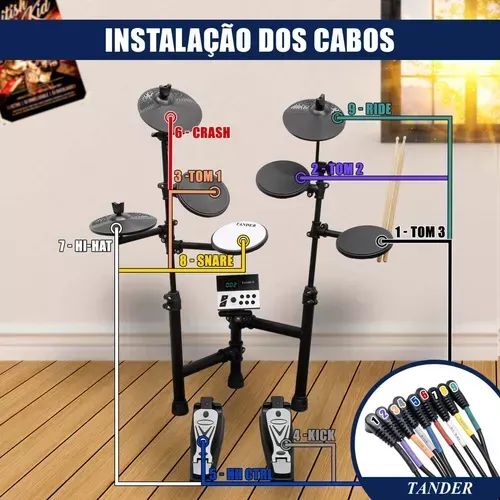 Bateria Eletrônica Com 7 Pads 2 Pedais Par De Baquetas