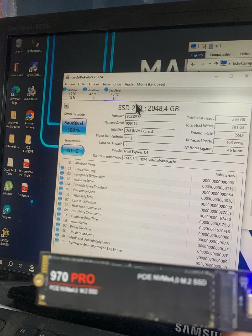 SSD NVME4 970 PRO 2TB 100% saudável  - Foto 2