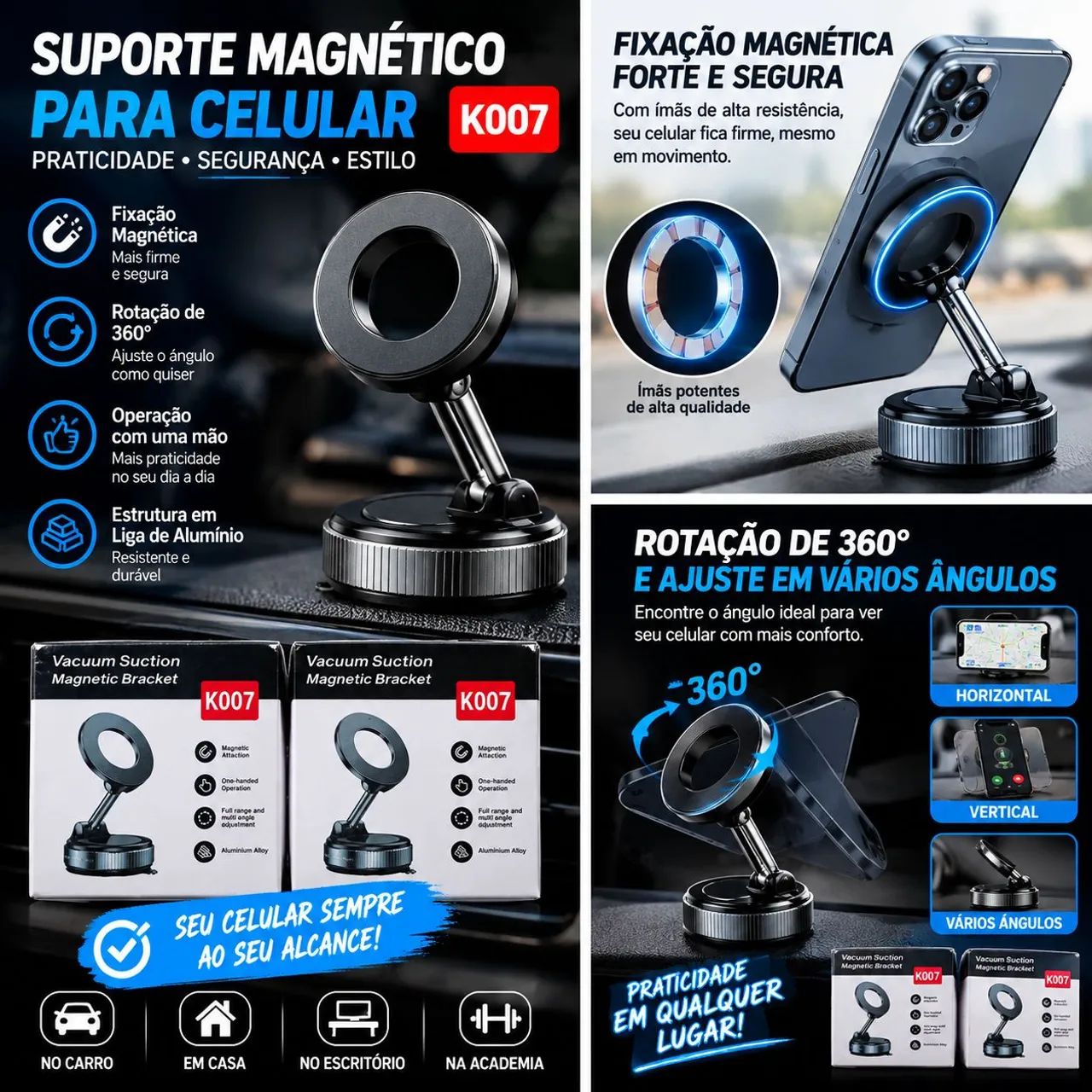Suporte Magnético K007 para Celular - Ventosa e Rotação 360°