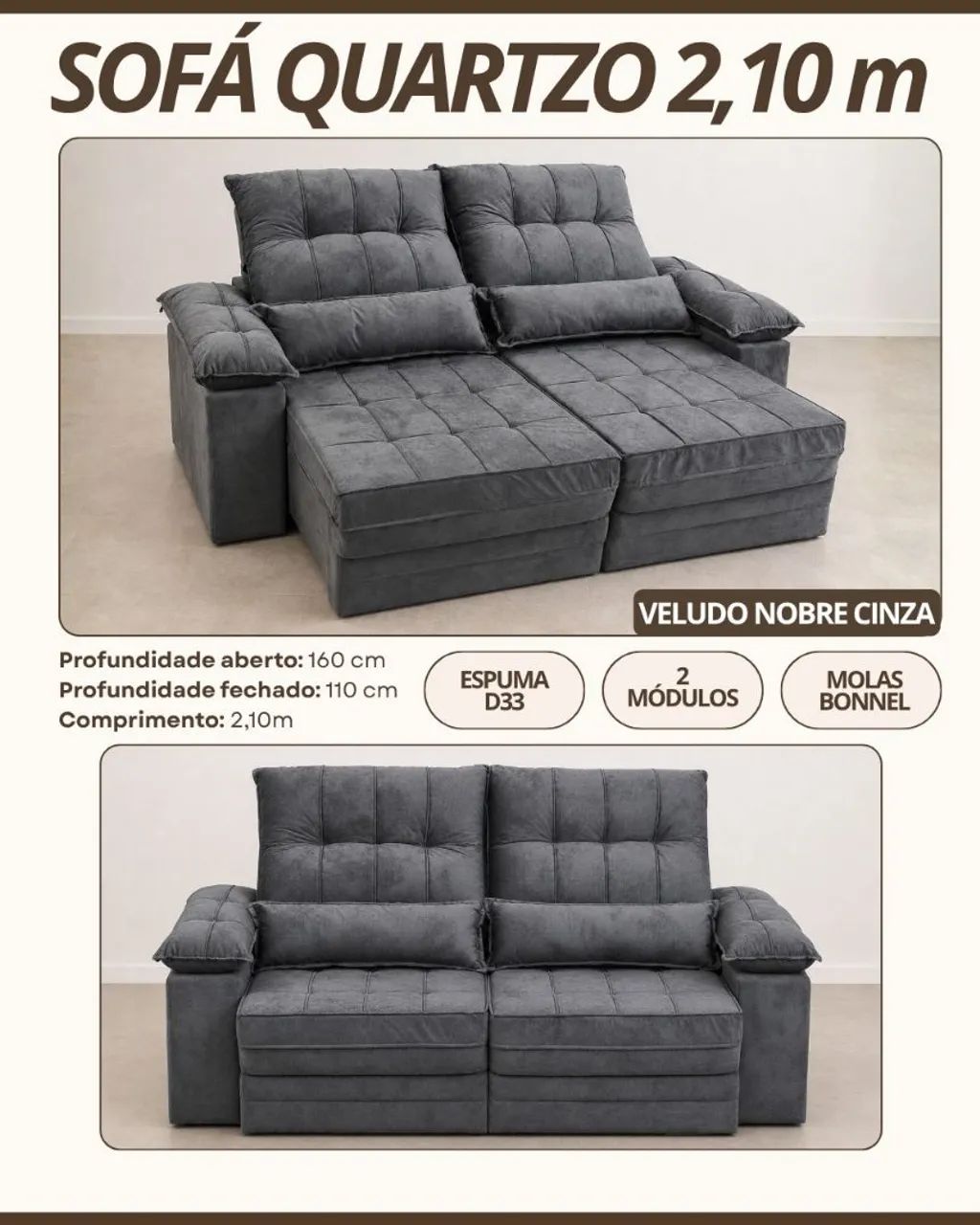 Sofá Quartzo de 2.10 com molas ensacadas 