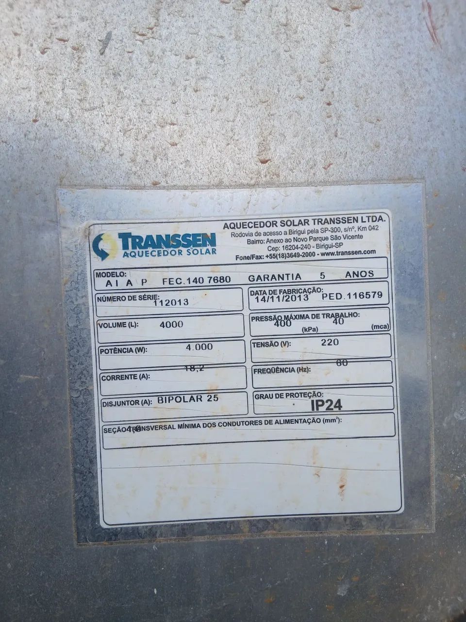 Aquecedor solar fechado "transsen"