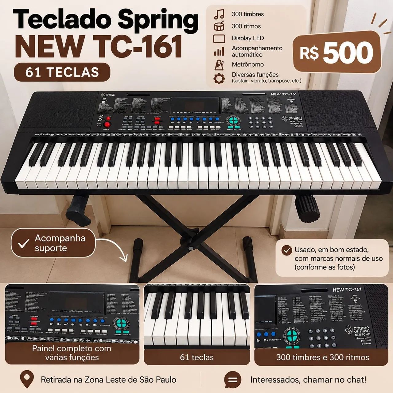 Teclado Spring TC-161 61 Teclas Completo + Suporte - Instrumentos
