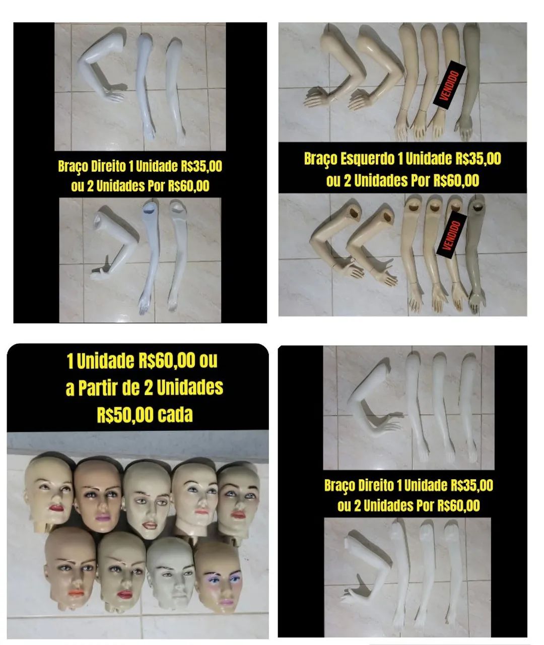 Cabeças e braços de manequins a partir de R$35,00 cada