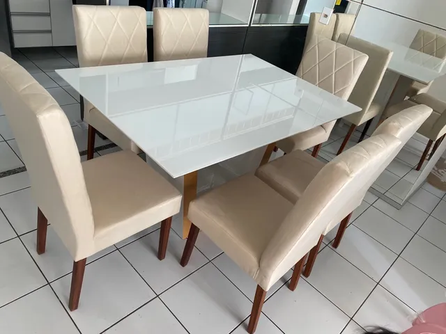 Conjunto Mesa de Jantar Zoe Cinza com Vidro e 8 Cadeiras Amelia