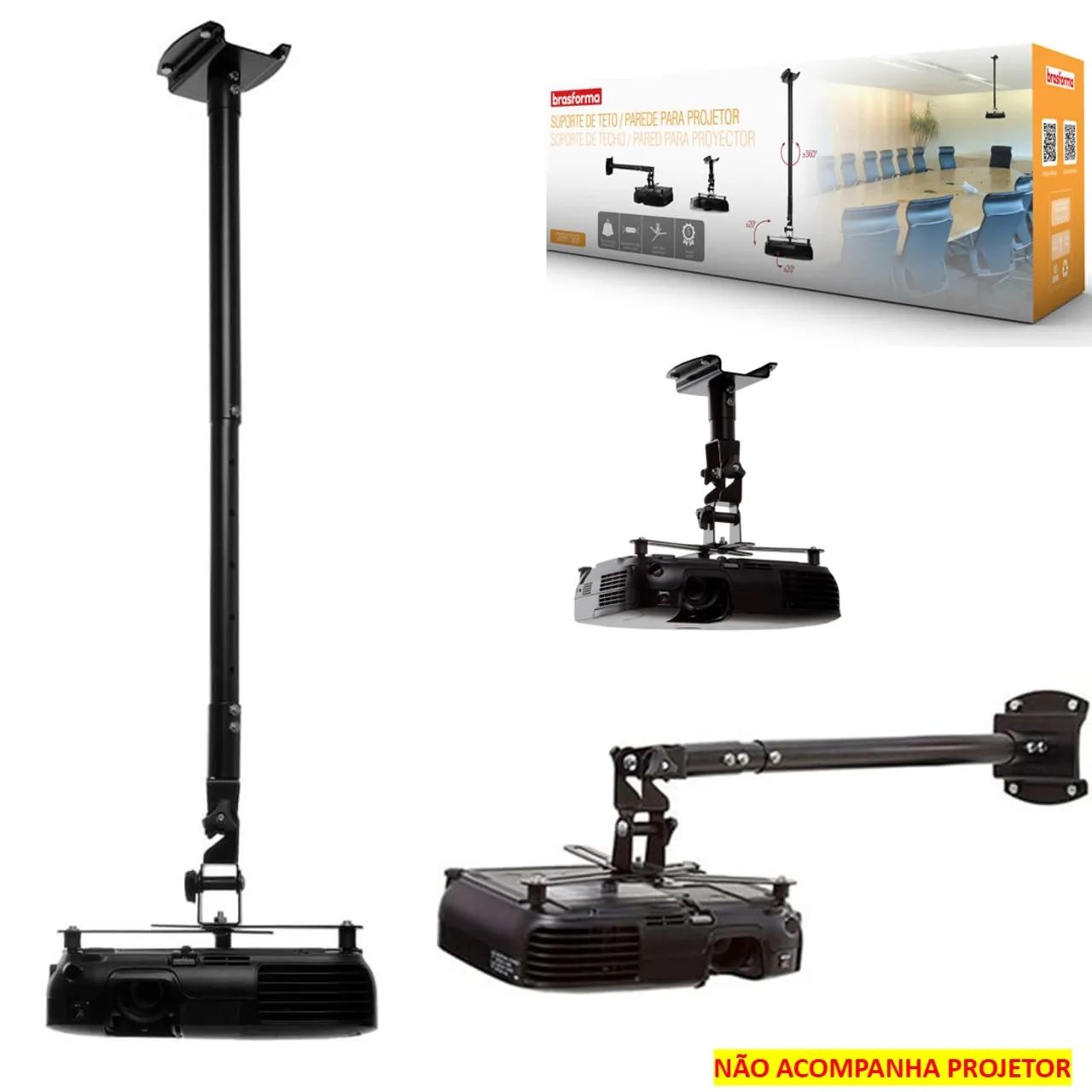 Suporte de Projetor Datashow para Teto ou Parede com Extensão, Preto - Brasforma 