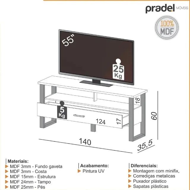 Rack Industrial 140cm 1 Gaveta Freijo Preto Fosco Pradel - Foto 2