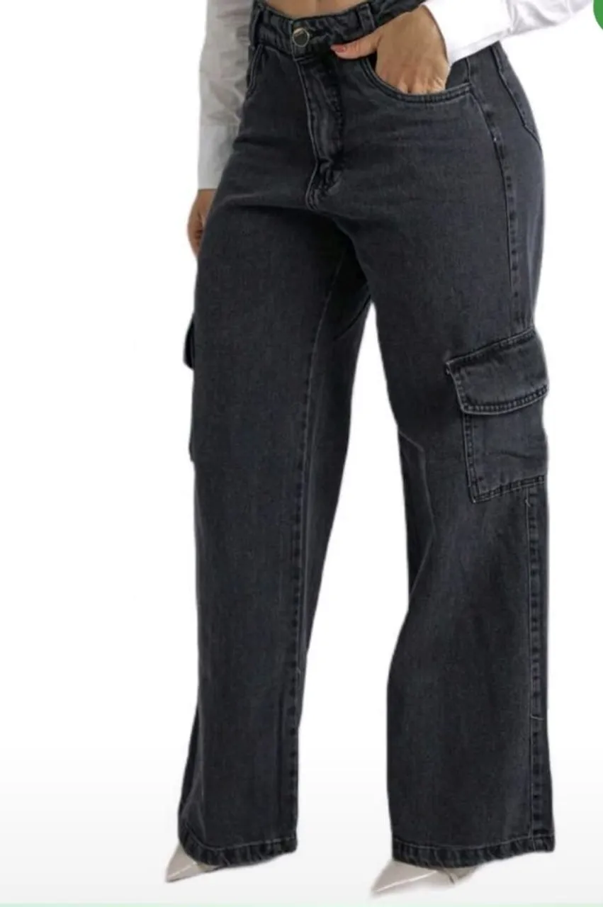 Calça Jeans Cargo Wide Leg Preta