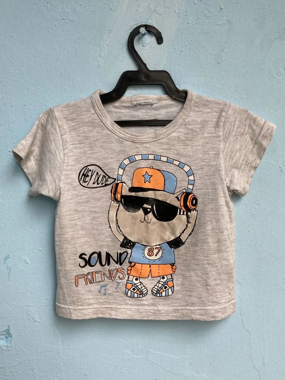 Camiseta Cinza Infantil Manga Curta Estampa de Urso, Tam 2