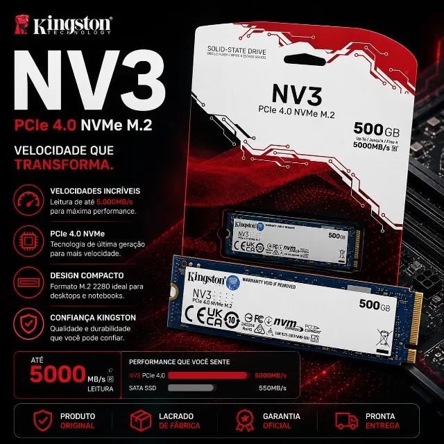 Kingston NV3 500GB NVMe M.2 Upgrade Rápido Para PC e Notebook