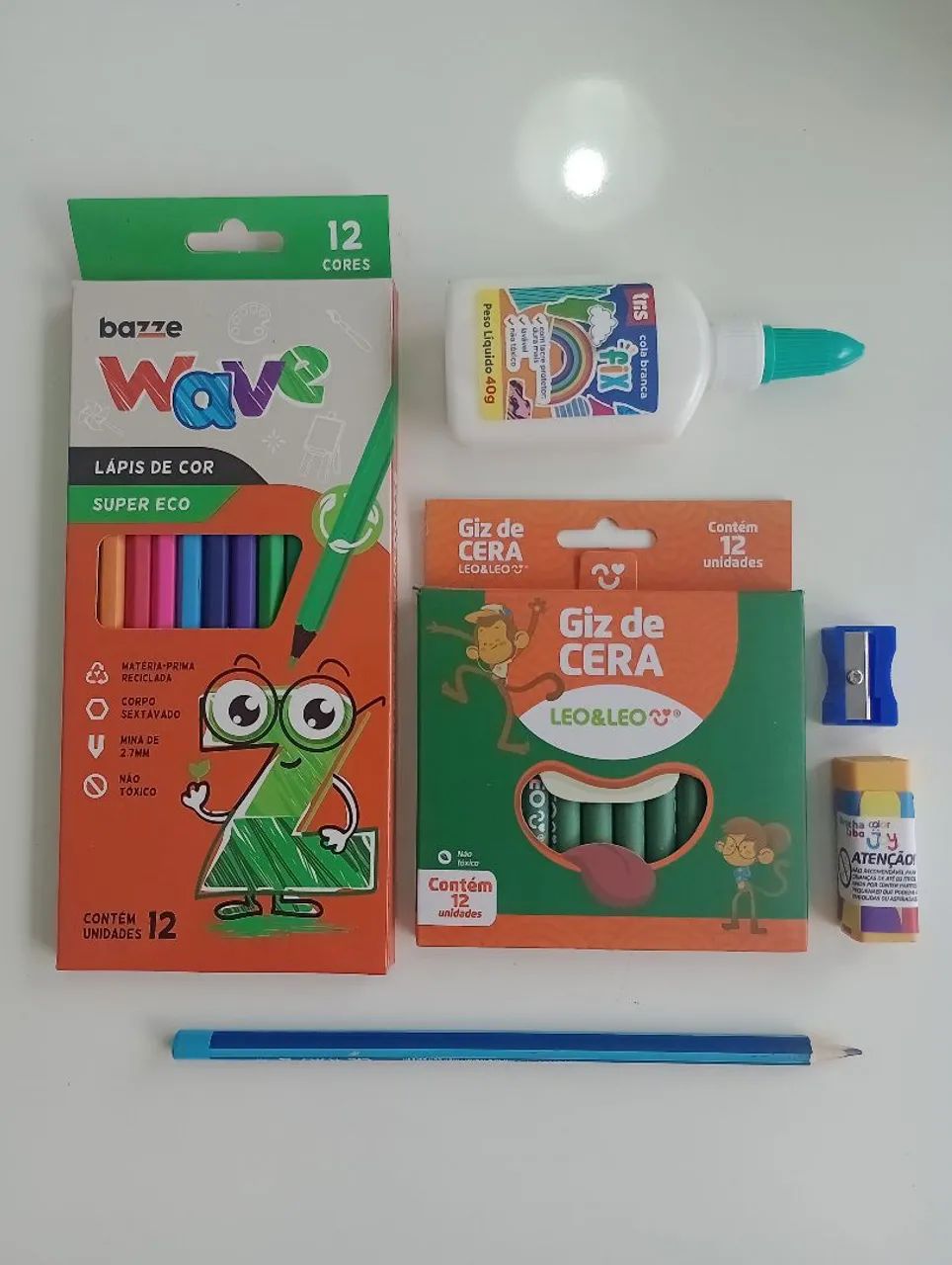 Kit Material Escolar Infantil com Lápis de Cor e Giz de Cera