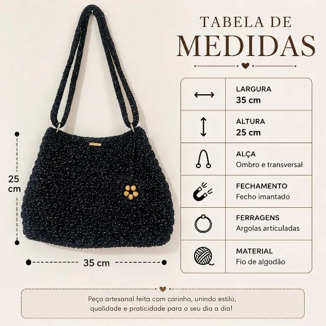 Bolsa Malta Preta em Fio de Algodão - Transversal e Ombro - Foto 4