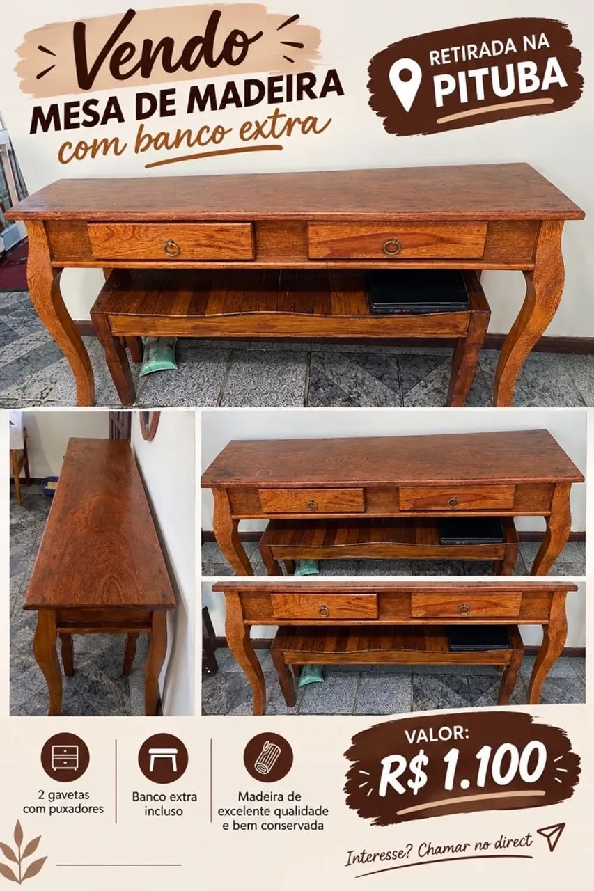 Mesa de Madeira Maciça com 2 Gavetas + Banco