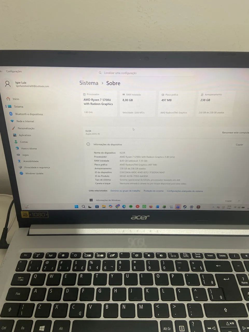 Notebook Acer Aspire 5 Ryzen 7 - Excelente estado - Foto 2