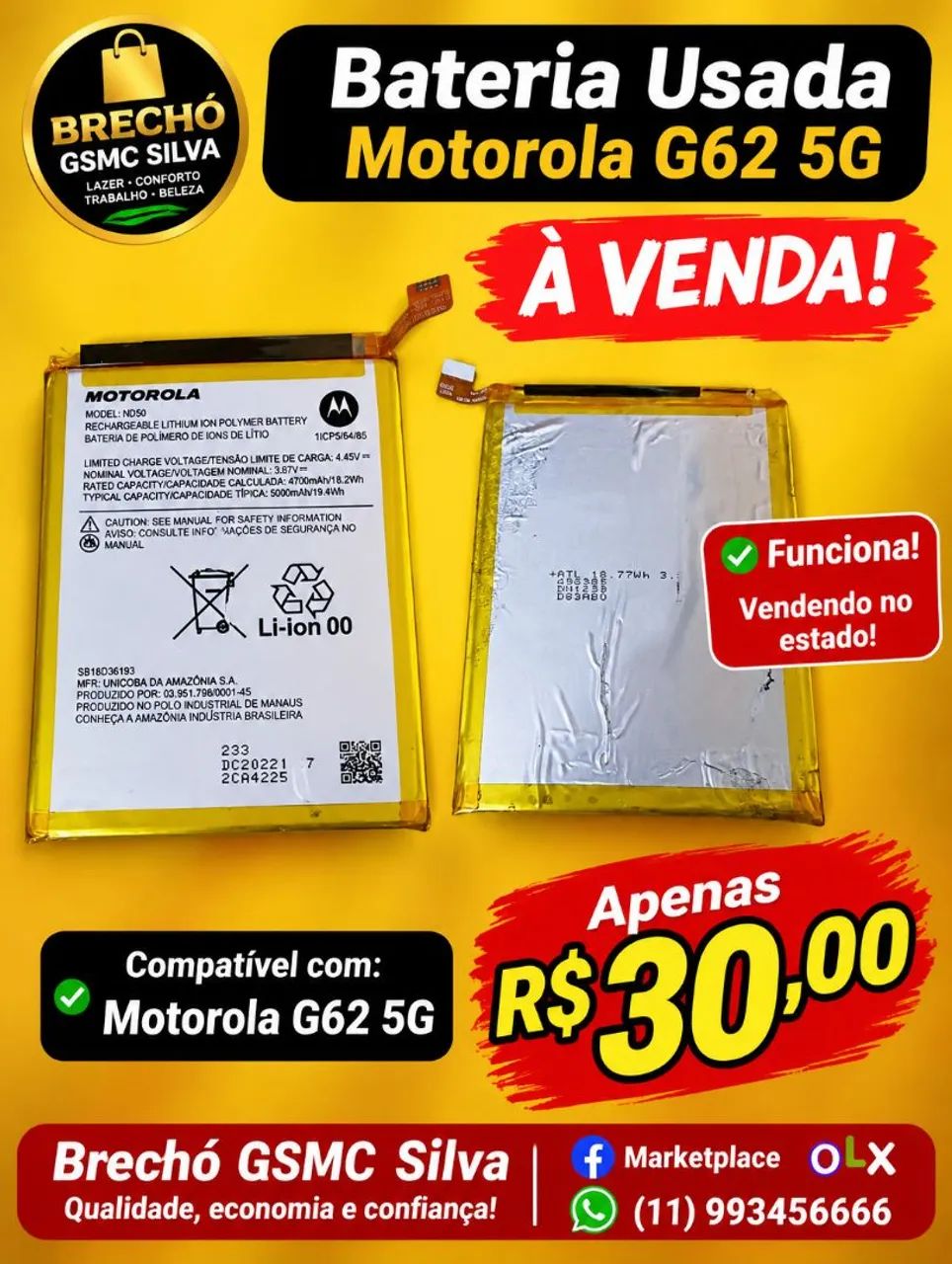 Bateria  de Moto G 62 original (usada)