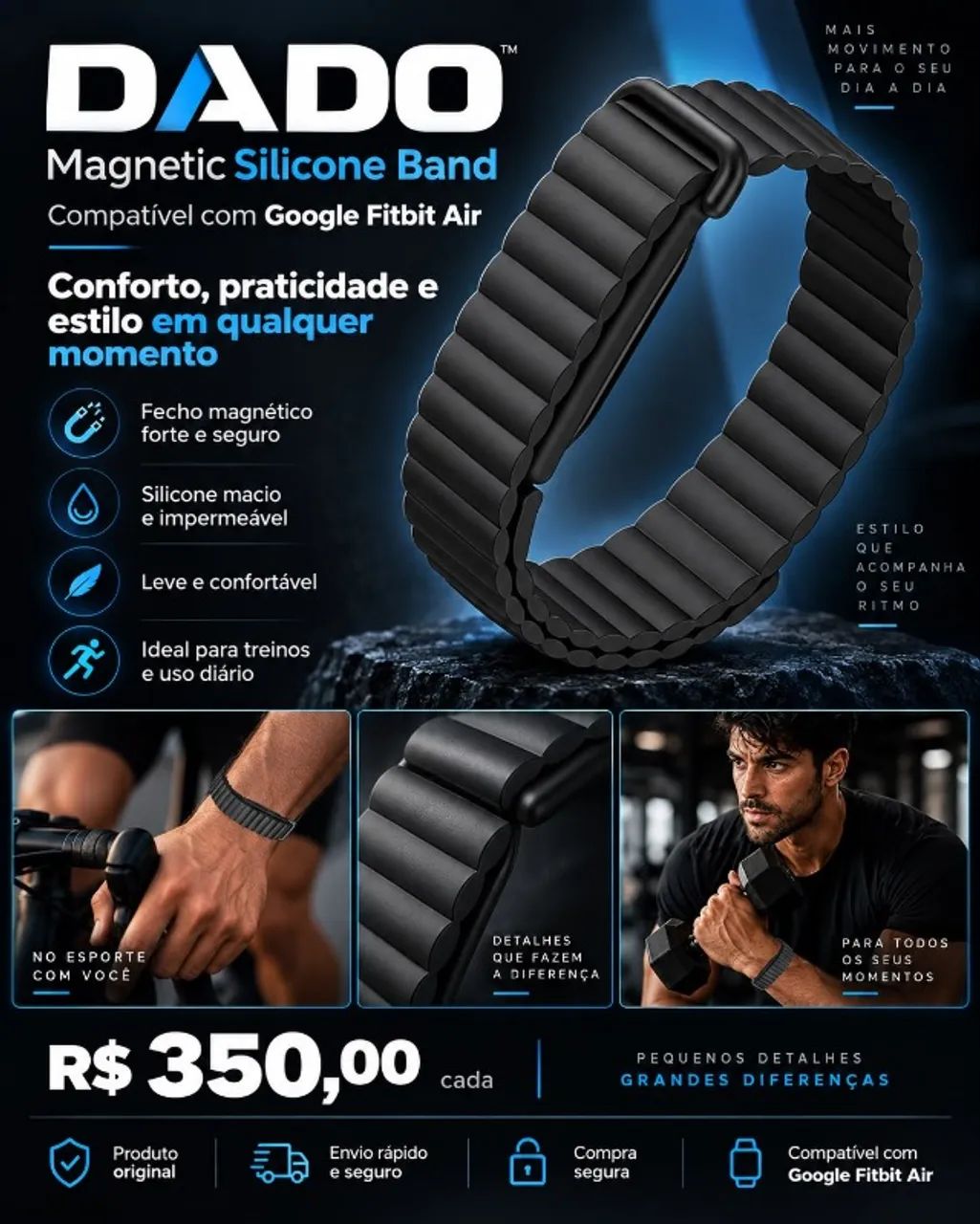 Pulseira Silicone Premium Fitbit Air Google 
