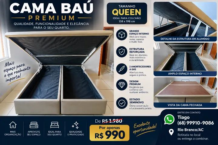 Cama baú tamanho Queen, com estrutura bem acabada excelente, e com 2 amortecedores