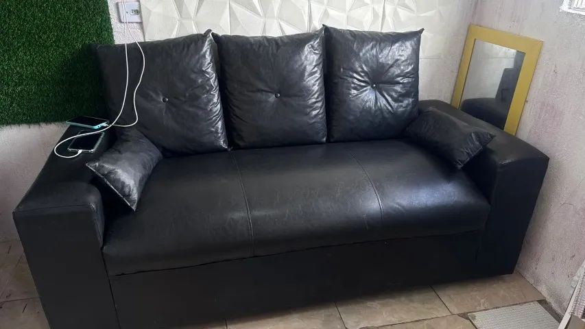SOFÁ DE COURO 3 LUGARES PRETO - Foto 2