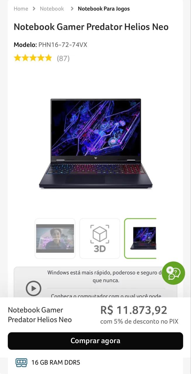 Acer Predator Helios Neo 16 PHN16-72-74VX - OPORTUNIDADE!! - Foto 3