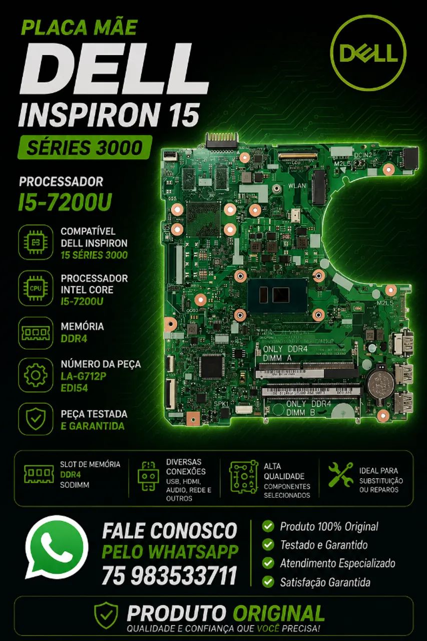 PLACA MÃE DELL NOTEBOOK DDR4 i5-7200U