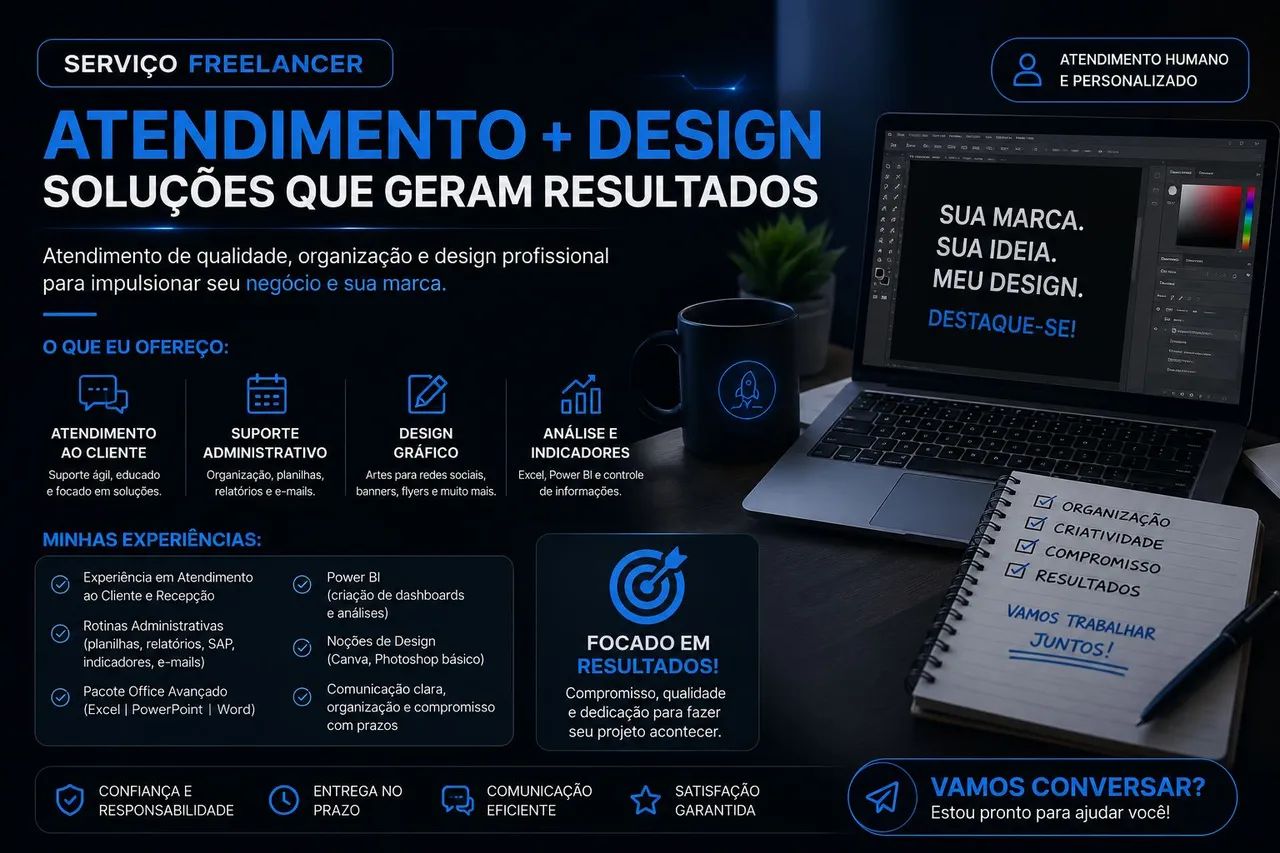 Freelancer Completo | Atendimento, Design, Excel, Power BI e Suporte Administrativo.