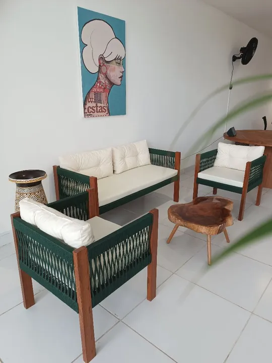 Conjunto de Sofá + 2 poltronas em madeira jatobá e Cordas Náuticas - Novo