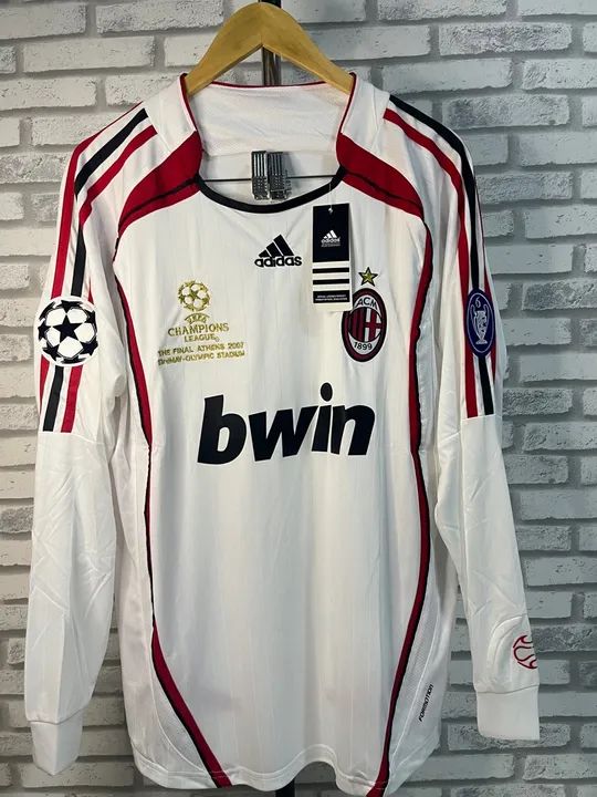 Camisa Ac Milan Retrô 2007 Manga longa com patchs - Pronta entrega