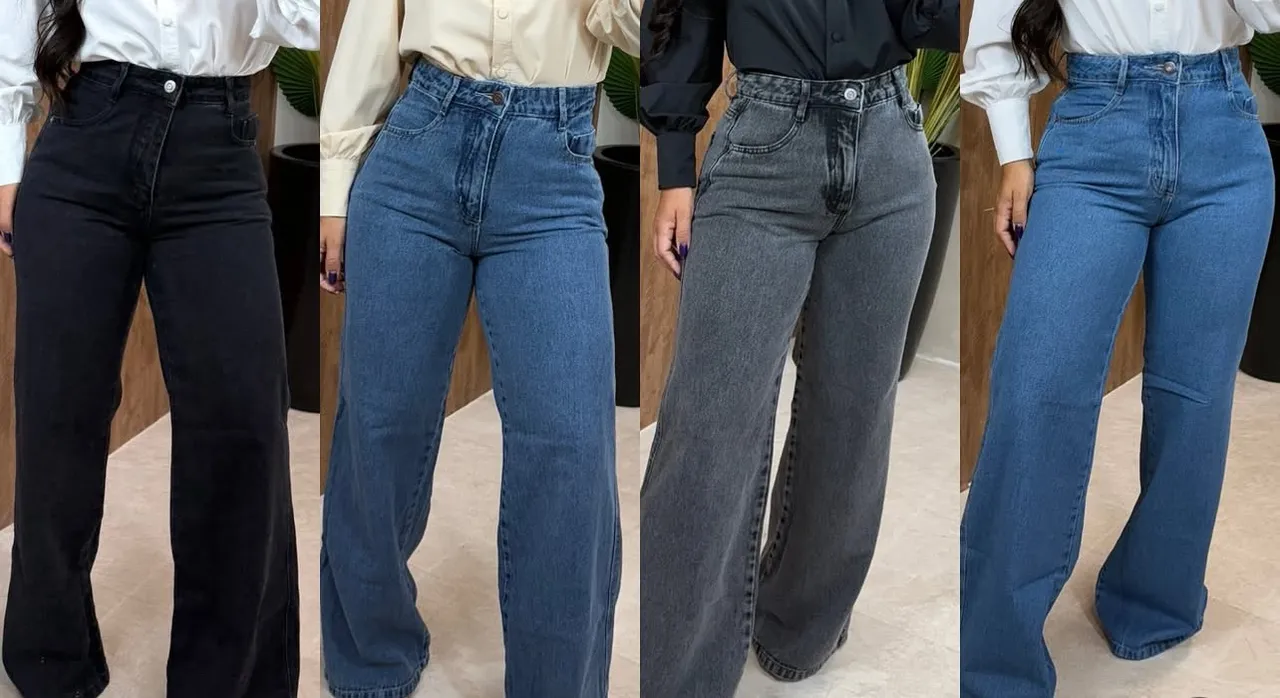 3 Calças Jeans Wide Leg - cores na segunda foto