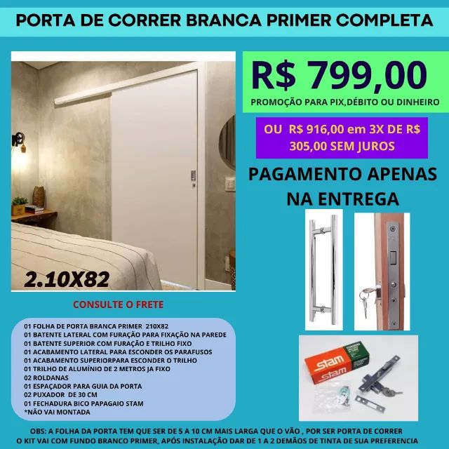 Porta de Correr completa modelo SLIM 2.10x82 - Pagamento apenas na entrega - frete a/c