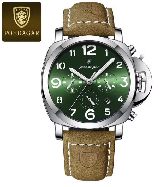 Relógio de pulso Poedagar 859 Silver Green com pulseira em couro ecológico