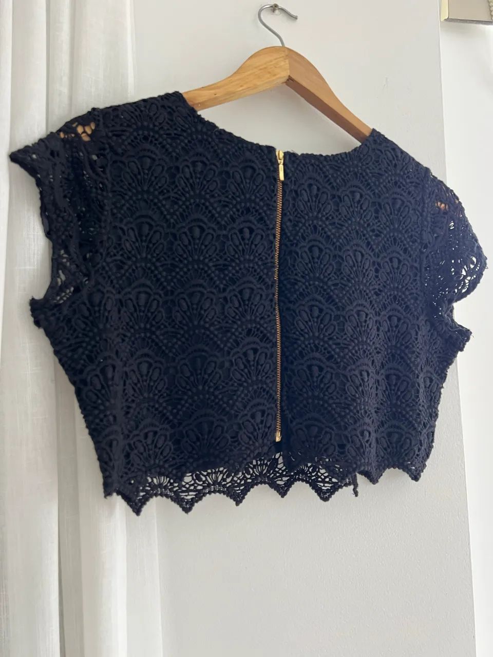 Conjunto Cropped Renda Guipir Preto Tam M - Foto 3