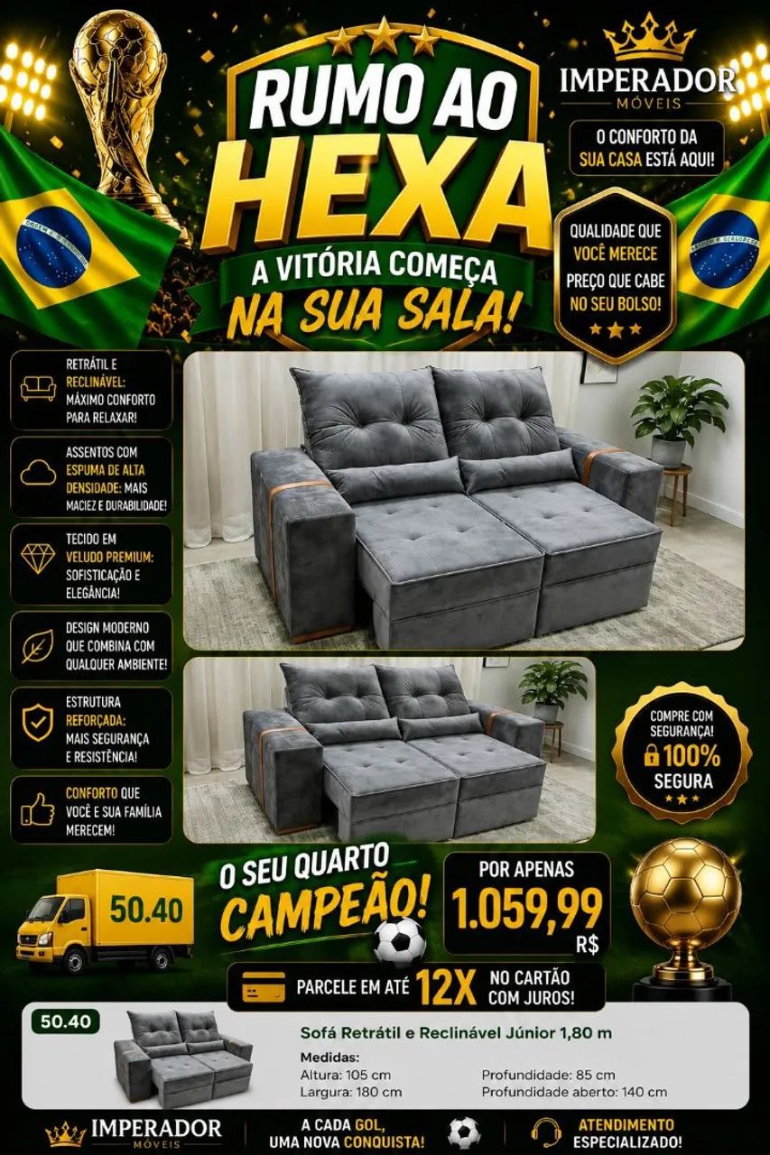 Sofá Retrátil e Reclinável Junior 1.80
