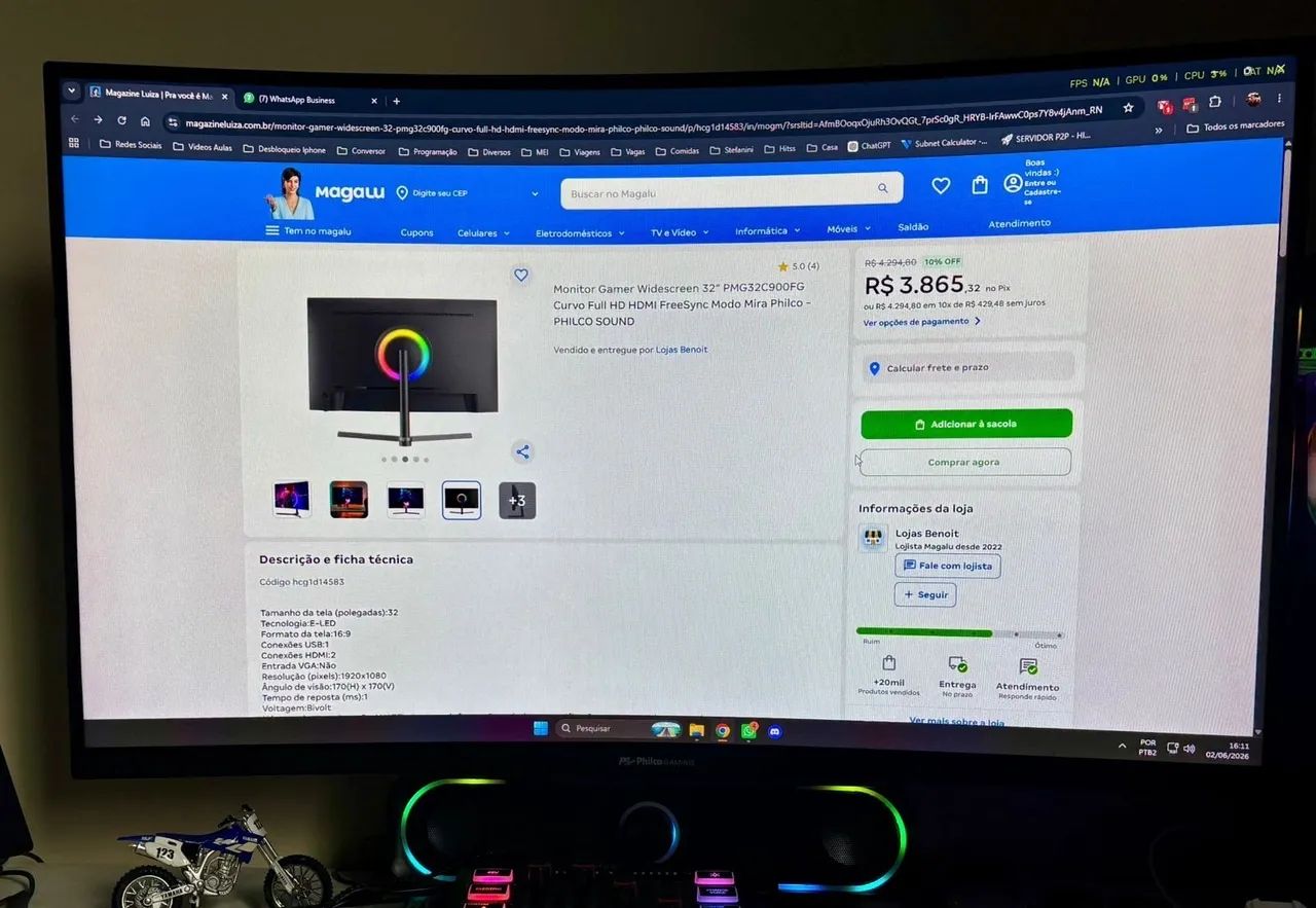 Monitor 32 polegadas tela curva