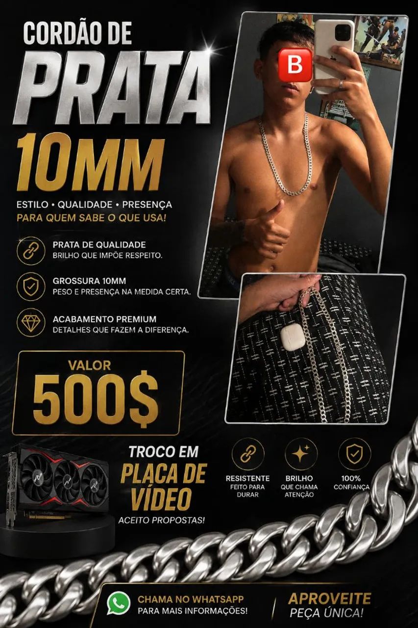 Cordão de prata 10mm troco em placa de video