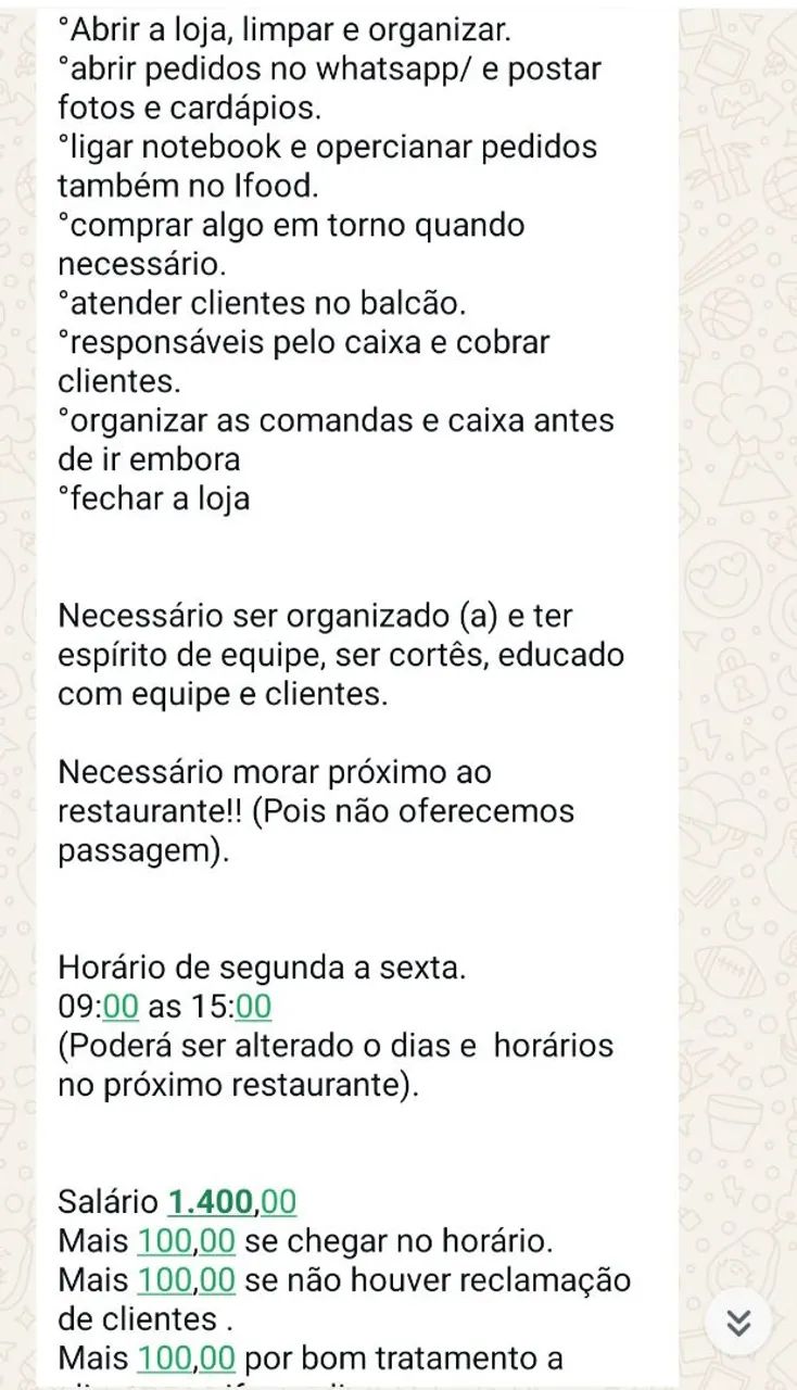 Vaga para atendente de restaurante. 